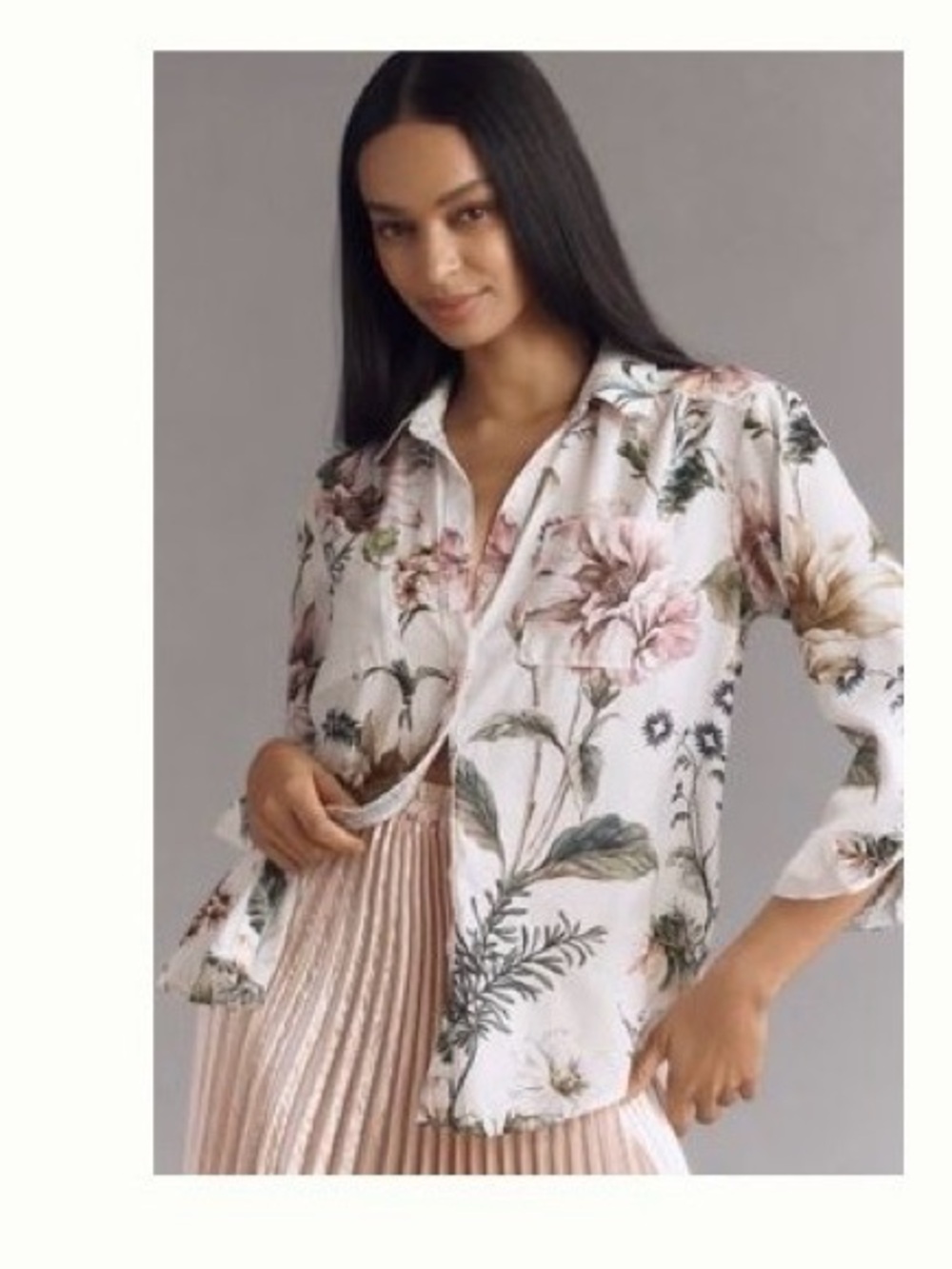 Anthropologie White Button-Down Shirt with Pink, Green and Yellow Floral Print